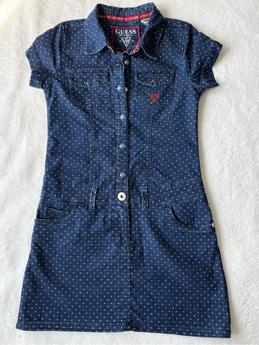 GUESS Navy Polka Dot Denim Mini Dress